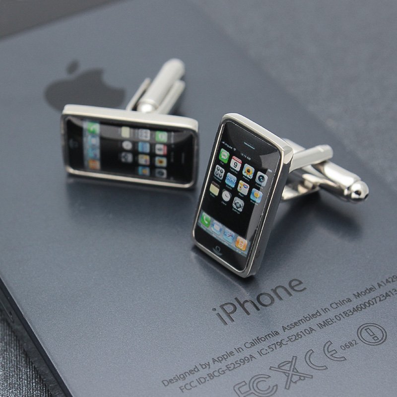 Stylish Micro iPhone Cufflinks made from titanium alloy, featuring a miniature iPhone design, presented in a hard-sided box.