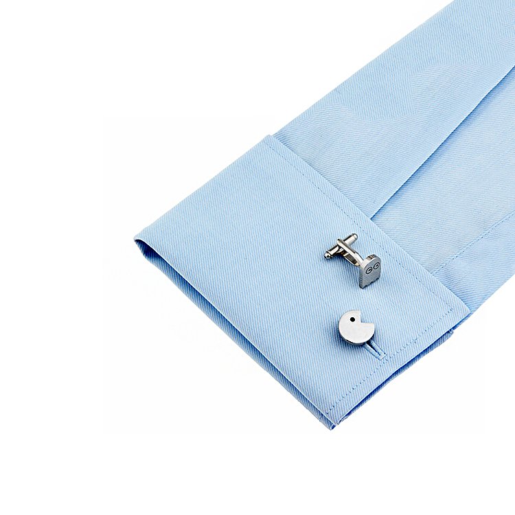 Stylish Pac-Man Cufflinks made of brass and stainless steel, featuring a playful design, presented in a hard-sided gift box.