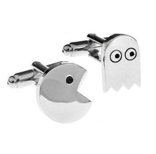 Stylish Pac-Man Cufflinks made of brass and stainless steel, featuring a playful design, presented in a hard-sided gift box.