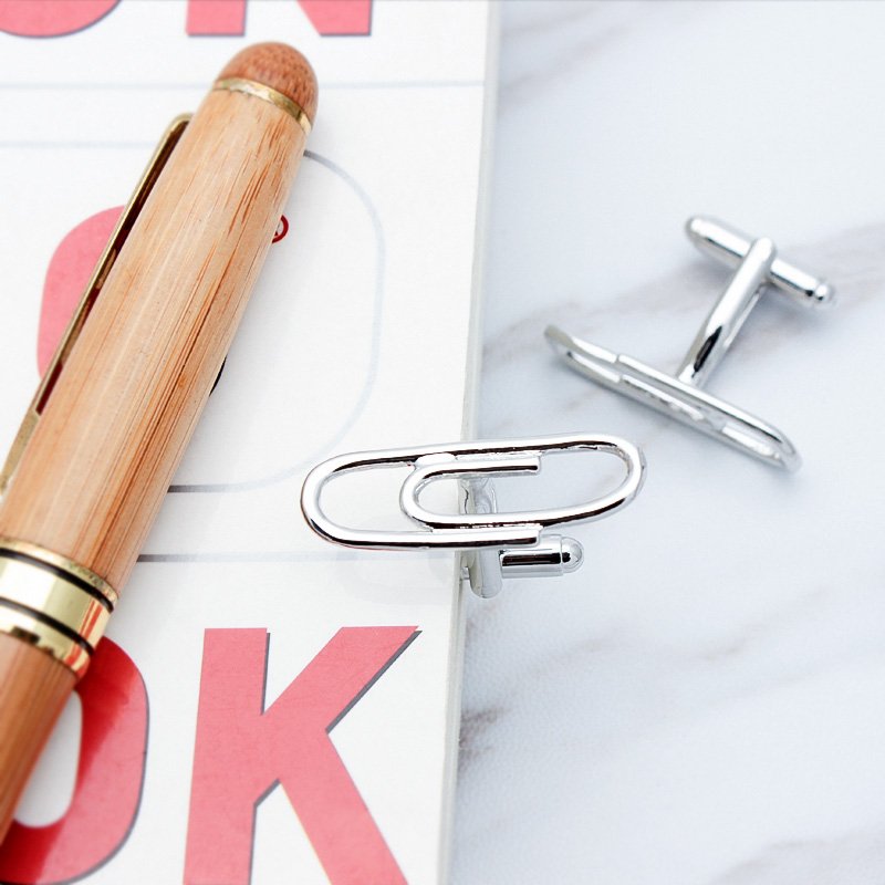 Stylish titanium alloy paper clip cuff links in a presentation box, perfect for French cuff shirts.