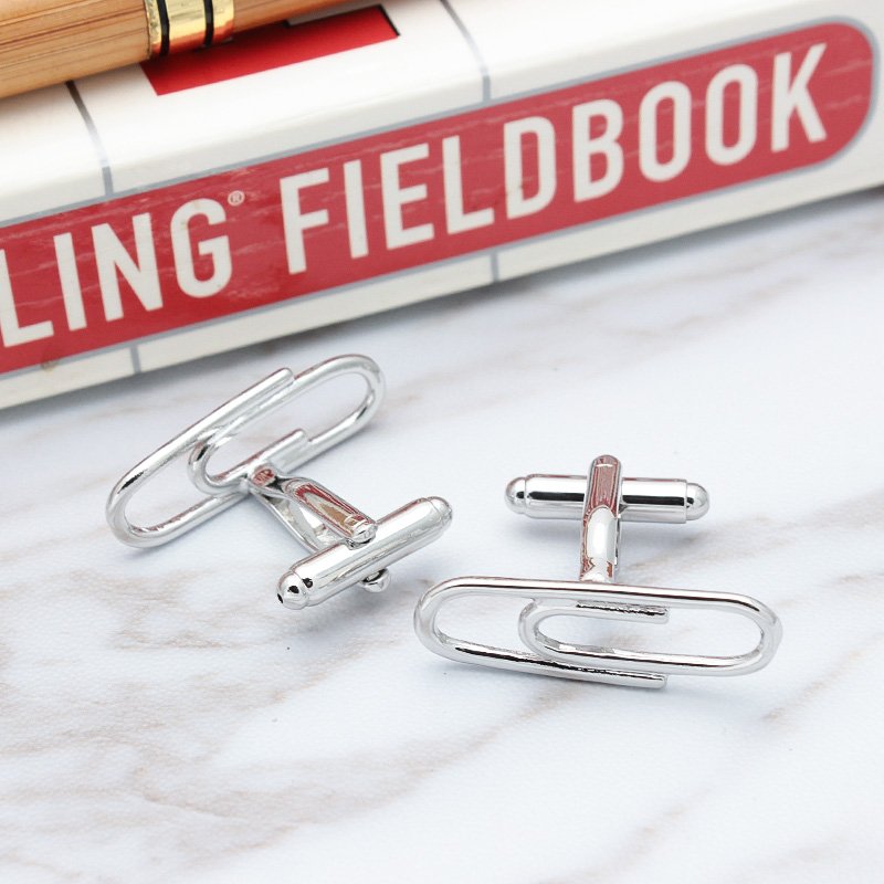 Stylish titanium alloy paper clip cuff links in a presentation box, perfect for French cuff shirts.