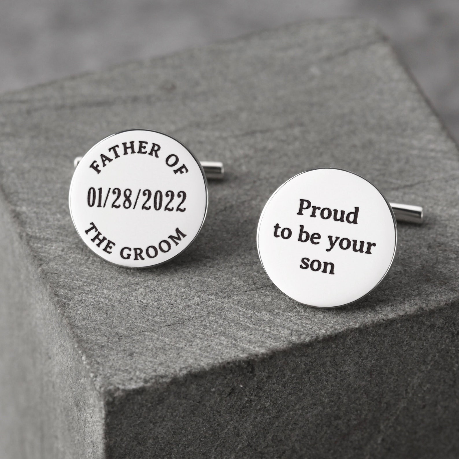 Personalized Sterling Silver cufflinks engraved with custom messages, perfect gift for Father of the Groom.