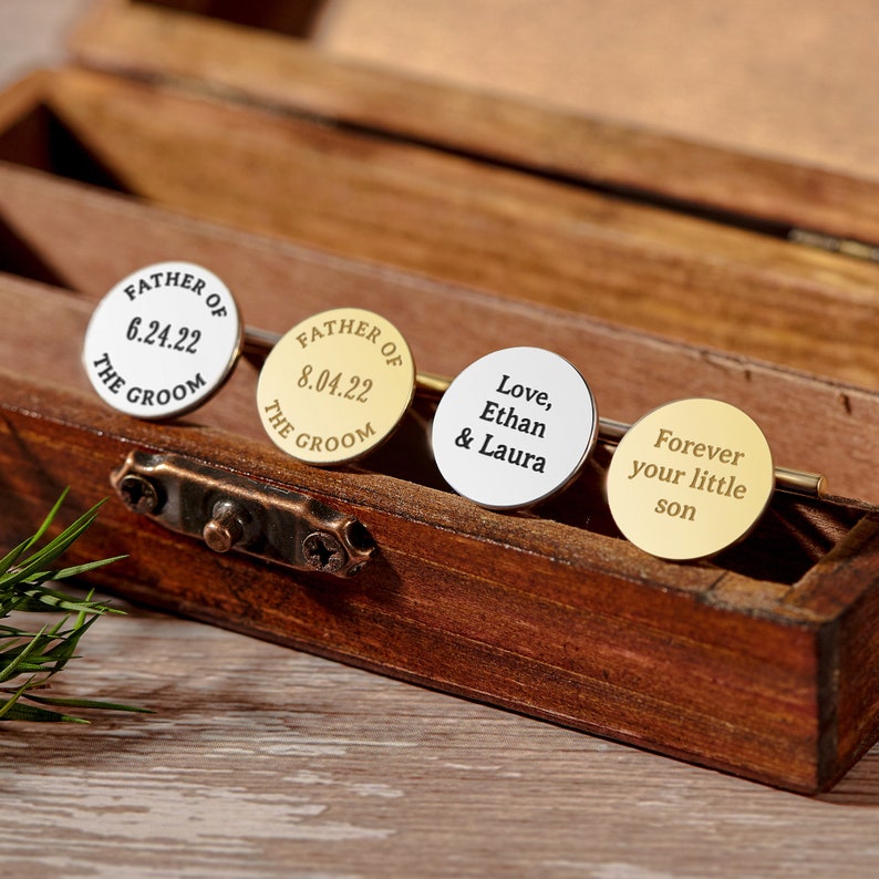 Personalized Sterling Silver cufflinks engraved with custom messages, perfect gift for Father of the Groom.