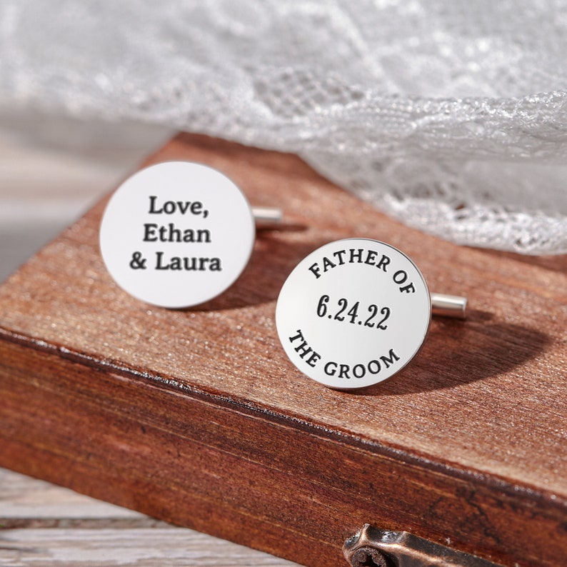 Personalized Sterling Silver cufflinks engraved with custom messages, perfect gift for Father of the Groom.