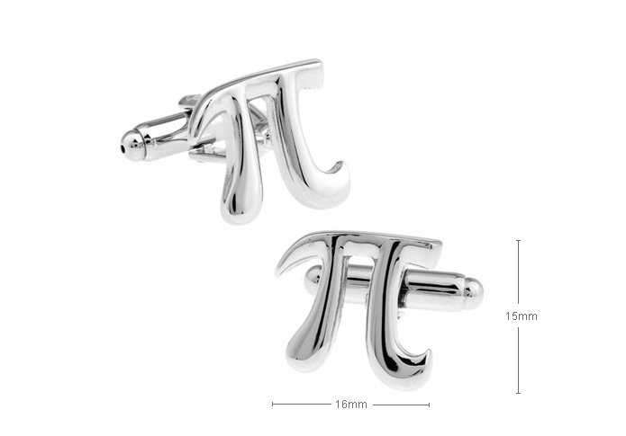 Elegant Pi π Math Cufflinks made of brass and stainless steel, featuring a polished rhodium finish, presented in a stylish gift box.