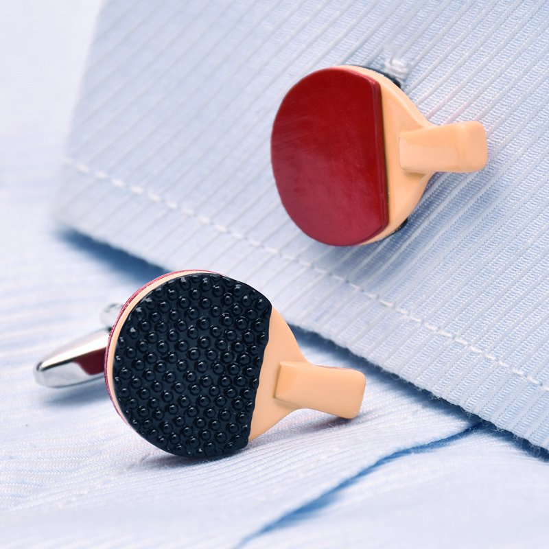 A pair of stylish Ping Pong Paddle Cufflinks made from stainless steel with a hand-painted finish, presented in an elegant gift box.