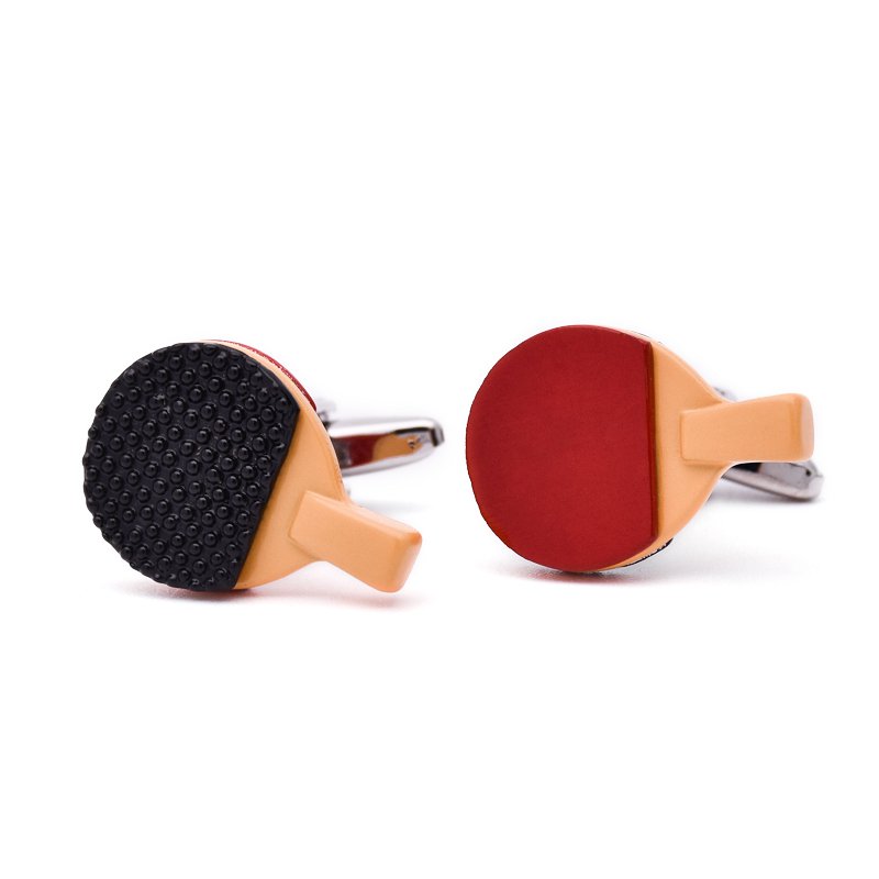 A pair of stylish Ping Pong Paddle Cufflinks made from stainless steel with a hand-painted finish, presented in an elegant gift box.