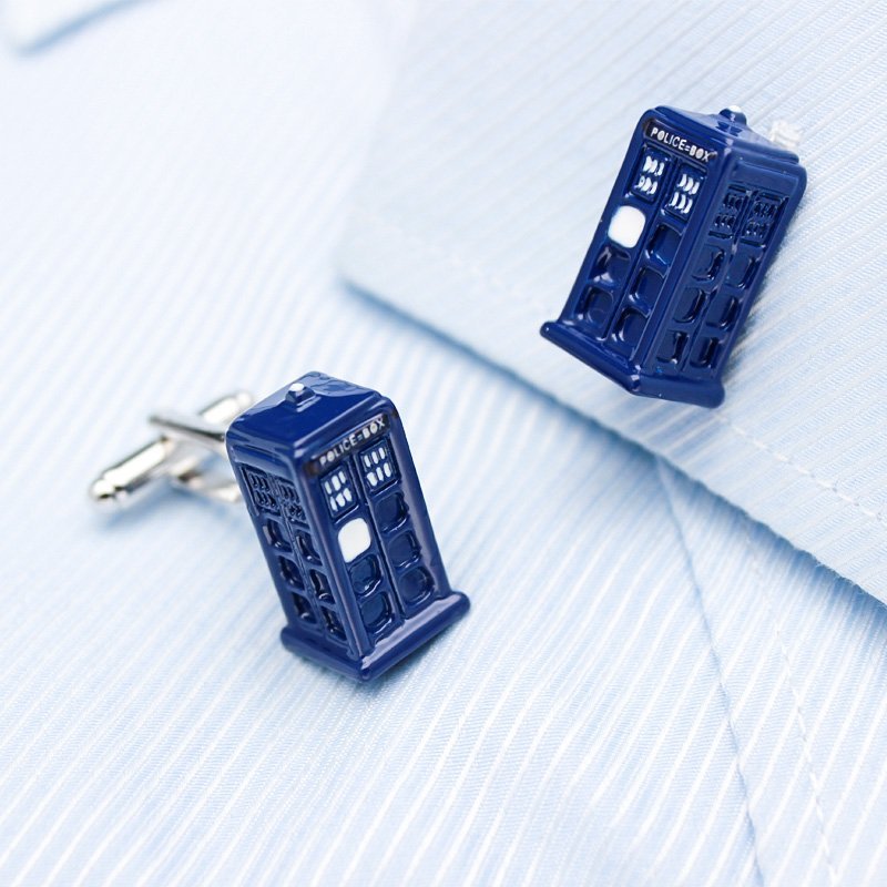 Stylish Police Box Cufflinks made from titanium alloy, presented in an elegant box.