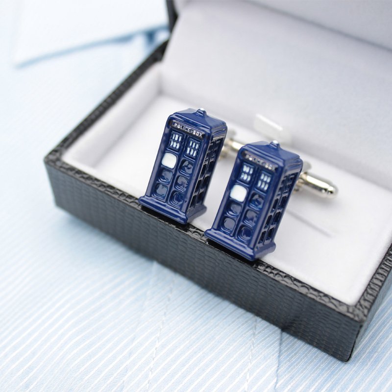 Stylish Police Box Cufflinks made from titanium alloy, presented in an elegant box.