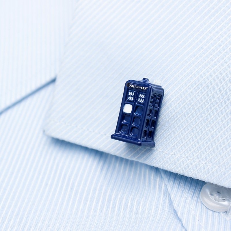 Stylish Police Box Cufflinks made from titanium alloy, presented in an elegant box.