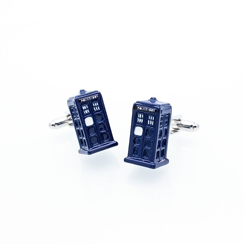 Stylish Police Box Cufflinks made from titanium alloy, presented in an elegant box.