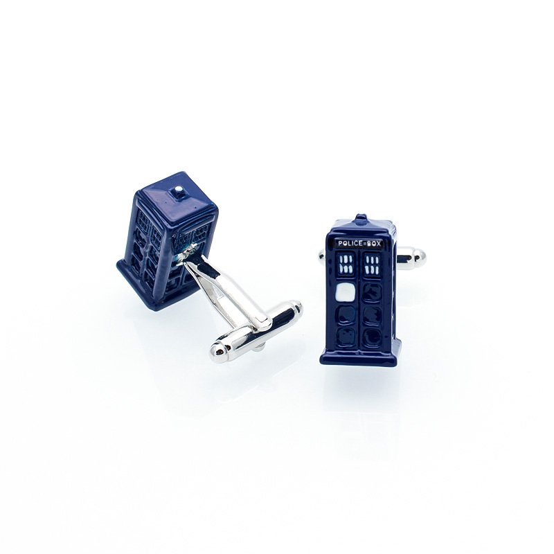 Stylish Police Box Cufflinks made from titanium alloy, presented in an elegant box.