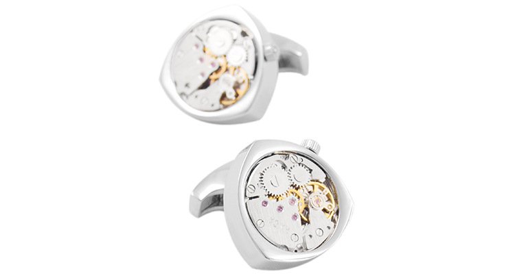 Rotor Motors Watch Engine Cufflinks made of titanium, featuring a moving watch engine, available in black, silver, and gold colors, presented in a gift box.