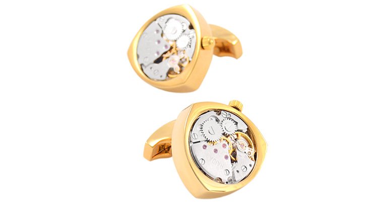 Rotor Motors Watch Engine Cufflinks made of titanium, featuring a moving watch engine, available in black, silver, and gold colors, presented in a gift box.