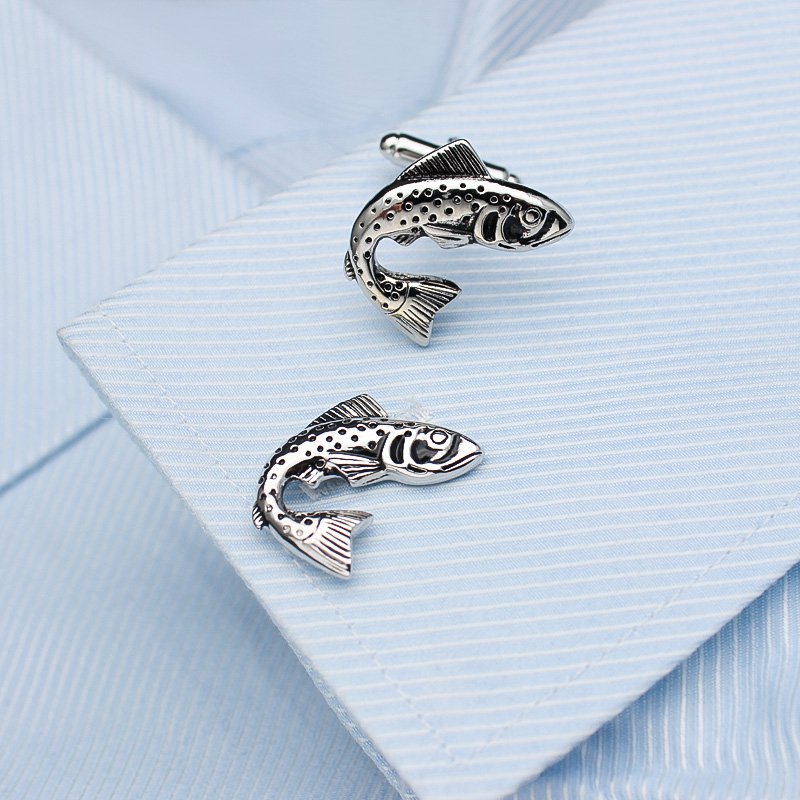 Salmo Salar Cufflinks made from titanium alloy, featuring a sleek design and perfect plating finish, displayed in an elegant presentation box.