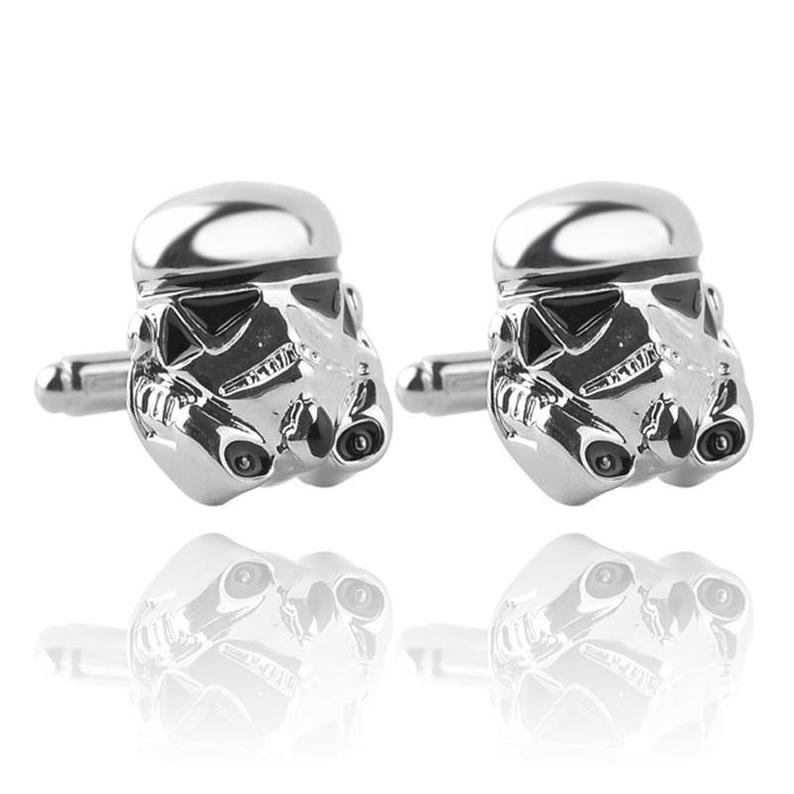 Star Wars cufflinks made of bronze with chrome-plating, featuring a sleek design, presented in a luxury box.