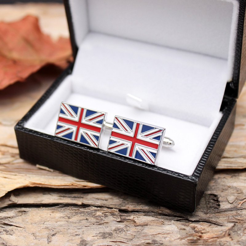 Stylish Union Jack Cufflinks made from titanium alloy with a hand-painted finish, presented in a hard-sided gift box.