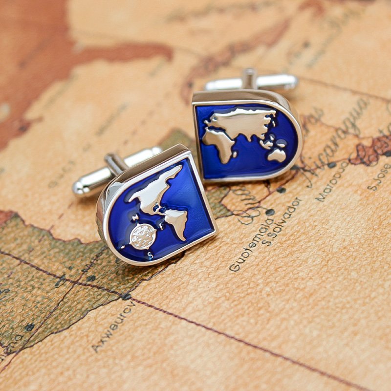 Stylish titanium alloy cufflinks featuring a detailed world map design, presented in an elegant gift box.