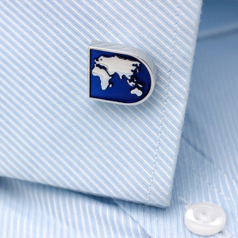 Stylish titanium alloy cufflinks featuring a detailed world map design, presented in an elegant gift box.