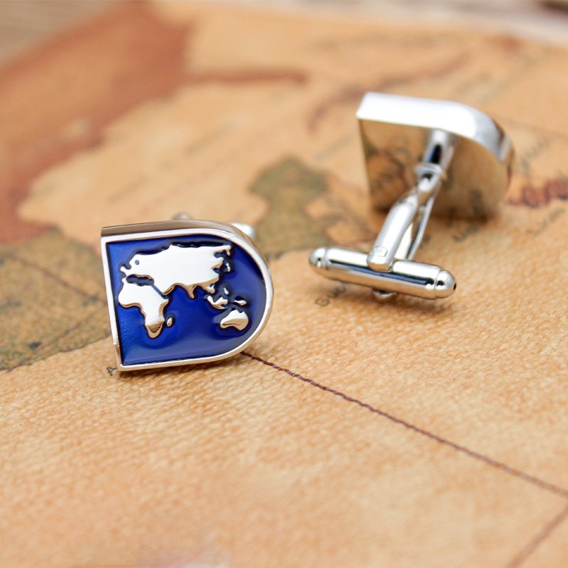 Stylish titanium alloy cufflinks featuring a detailed world map design, presented in an elegant gift box.