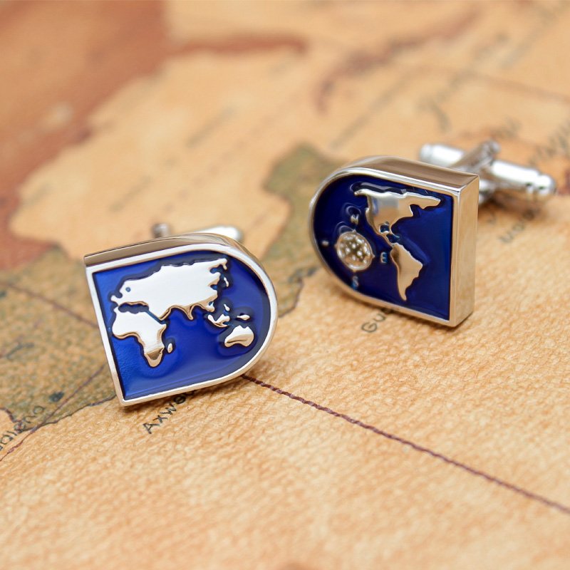 Stylish titanium alloy cufflinks featuring a detailed world map design, presented in an elegant gift box.