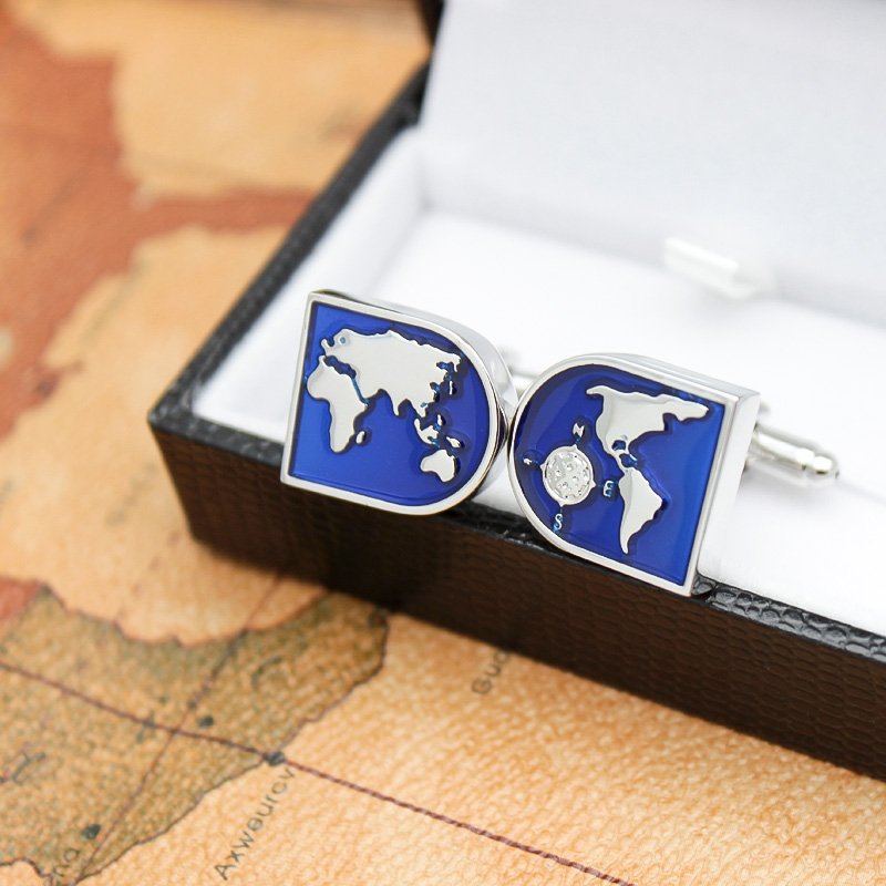 Stylish titanium alloy cufflinks featuring a detailed world map design, presented in an elegant gift box.