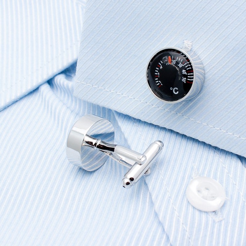 A pair of stylish Thermometer Cufflinks made from titanium alloy, featuring a unique thermometer design, presented in a hard-sided gift box.