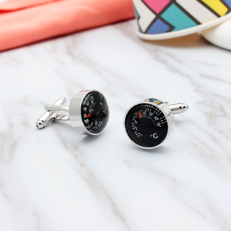 A pair of stylish Thermometer Cufflinks made from titanium alloy, featuring a unique thermometer design, presented in a hard-sided gift box.