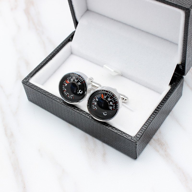 A pair of stylish Thermometer Cufflinks made from titanium alloy, featuring a unique thermometer design, presented in a hard-sided gift box.