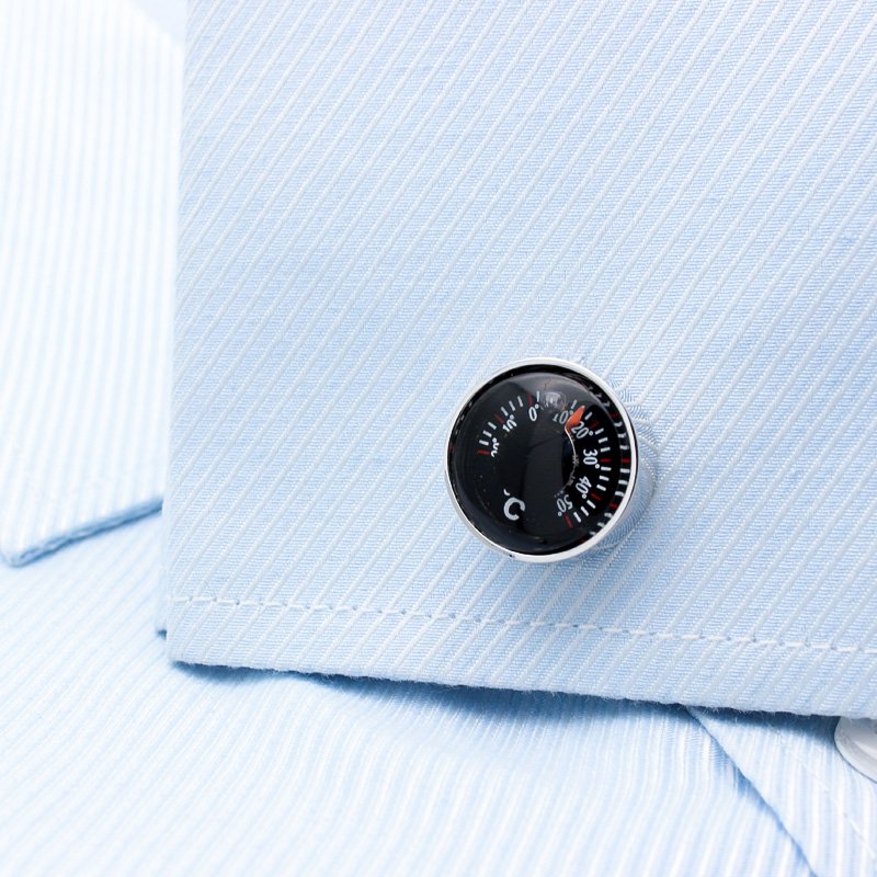 A pair of stylish Thermometer Cufflinks made from titanium alloy, featuring a unique thermometer design, presented in a hard-sided gift box.