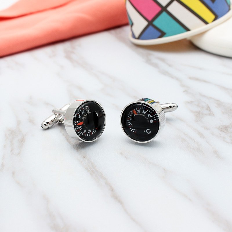 A pair of stylish Thermometer Cufflinks made from titanium alloy, featuring a unique thermometer design, presented in a hard-sided gift box.