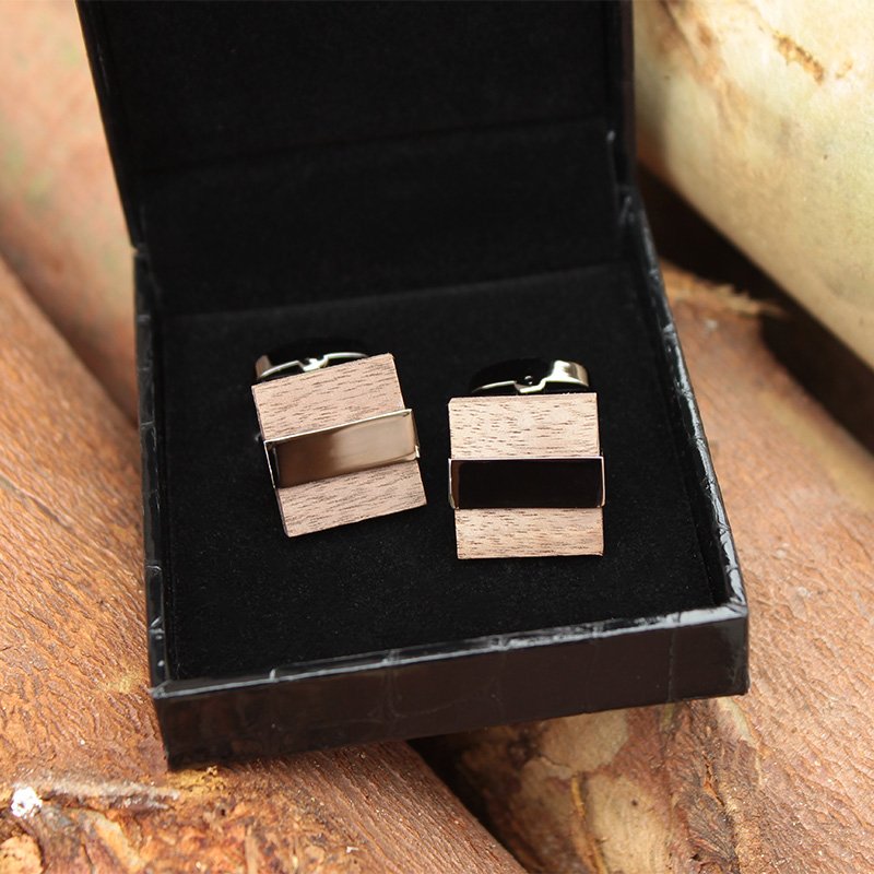 A pair of elegant Wenge Wood Cufflinks made from titanium alloy and wood, displayed in a hard-sided presentation box.