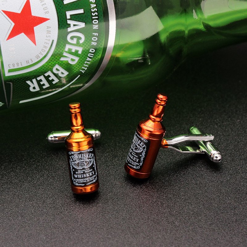 A pair of stylish Whisky Bottle Cufflinks made from titanium alloy, featuring a unique design resembling whisky bottles, presented in a hard-sided box.