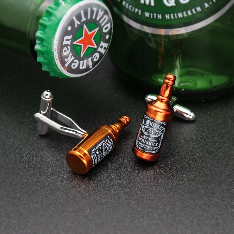 A pair of stylish Whisky Bottle Cufflinks made from titanium alloy, featuring a unique design resembling whisky bottles, presented in a hard-sided box.