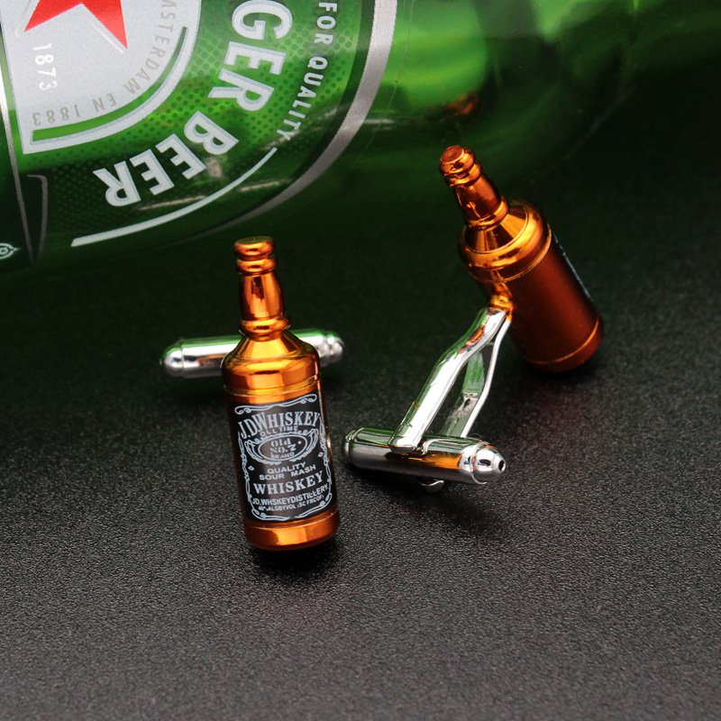 A pair of stylish Whisky Bottle Cufflinks made from titanium alloy, featuring a unique design resembling whisky bottles, presented in a hard-sided box.