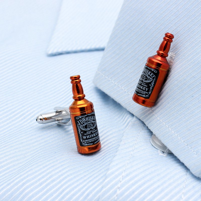 A pair of stylish Whisky Bottle Cufflinks made from titanium alloy, featuring a unique design resembling whisky bottles, presented in a hard-sided box.