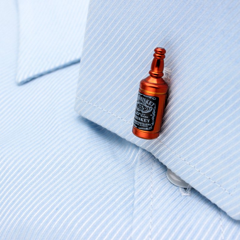 A pair of stylish Whisky Bottle Cufflinks made from titanium alloy, featuring a unique design resembling whisky bottles, presented in a hard-sided box.