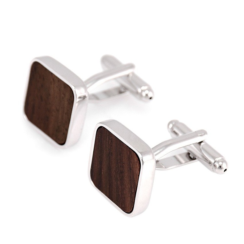 Elegant Wood Inlaid Cufflinks featuring a unique design with wood and stainless steel, presented in a stylish gift box.