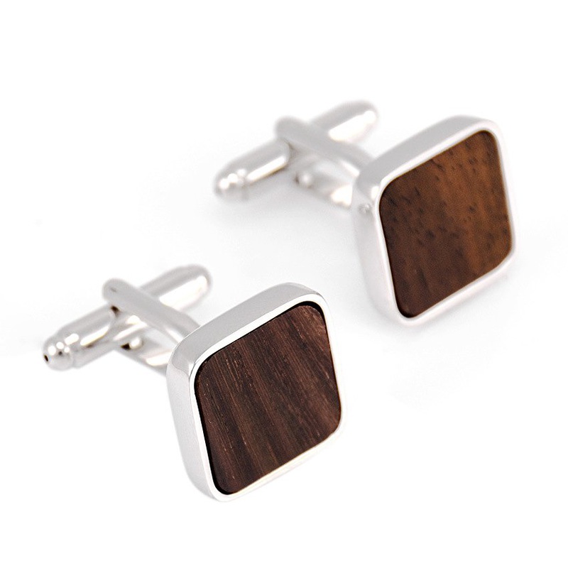 Elegant Wood Inlaid Cufflinks featuring a unique design with wood and stainless steel, presented in a stylish gift box.