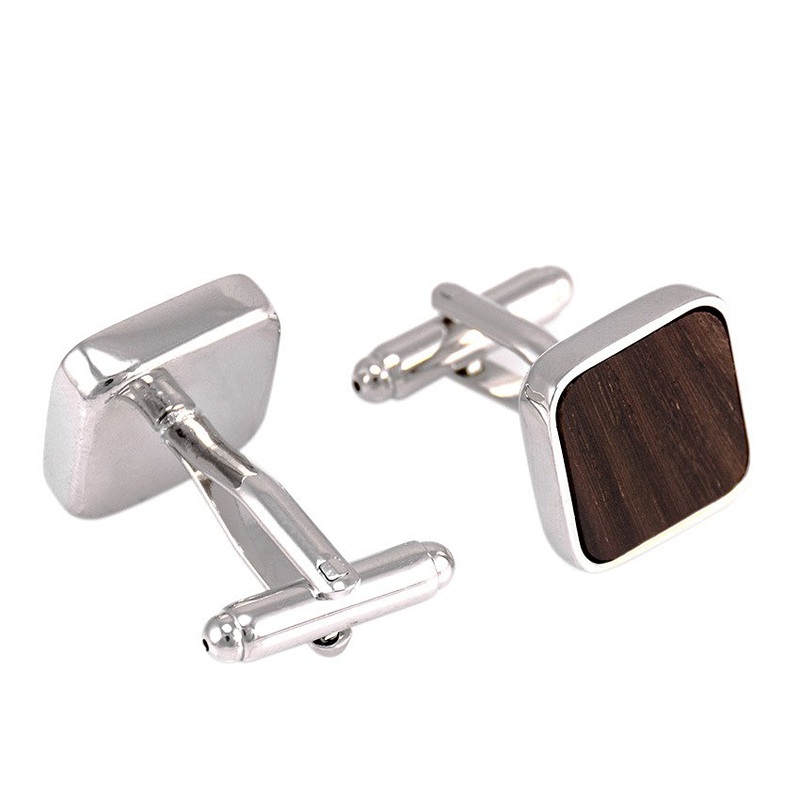 Elegant Wood Inlaid Cufflinks featuring a unique design with wood and stainless steel, presented in a stylish gift box.