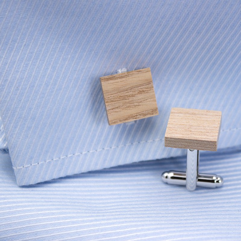 A stylish Wooden Cufflinks and Tie Clip Set featuring stainless steel and wood, elegantly presented in a gift box.