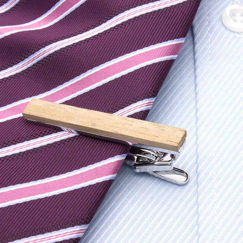 A stylish Wooden Cufflinks and Tie Clip Set featuring stainless steel and wood, elegantly presented in a gift box.