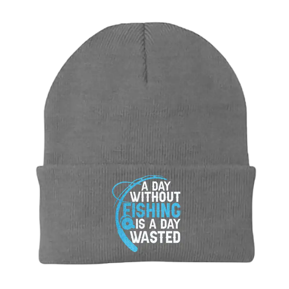 A stylish A Day Without Fishing Embroidered Beanie showcasing a unique fishing-themed design, made from a comfortable cotton-acrylic blend.