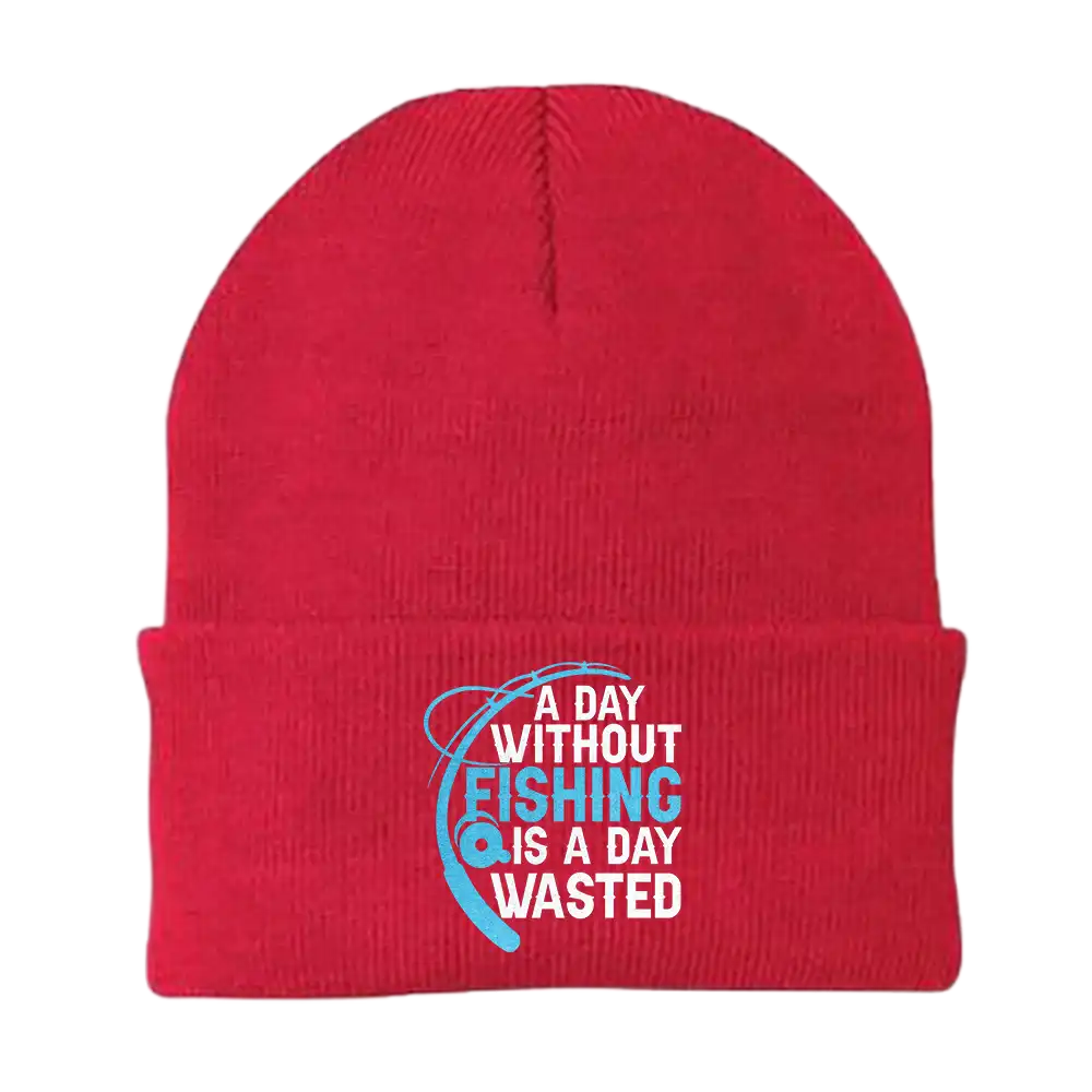 A stylish A Day Without Fishing Embroidered Beanie showcasing a unique fishing-themed design, made from a comfortable cotton-acrylic blend.