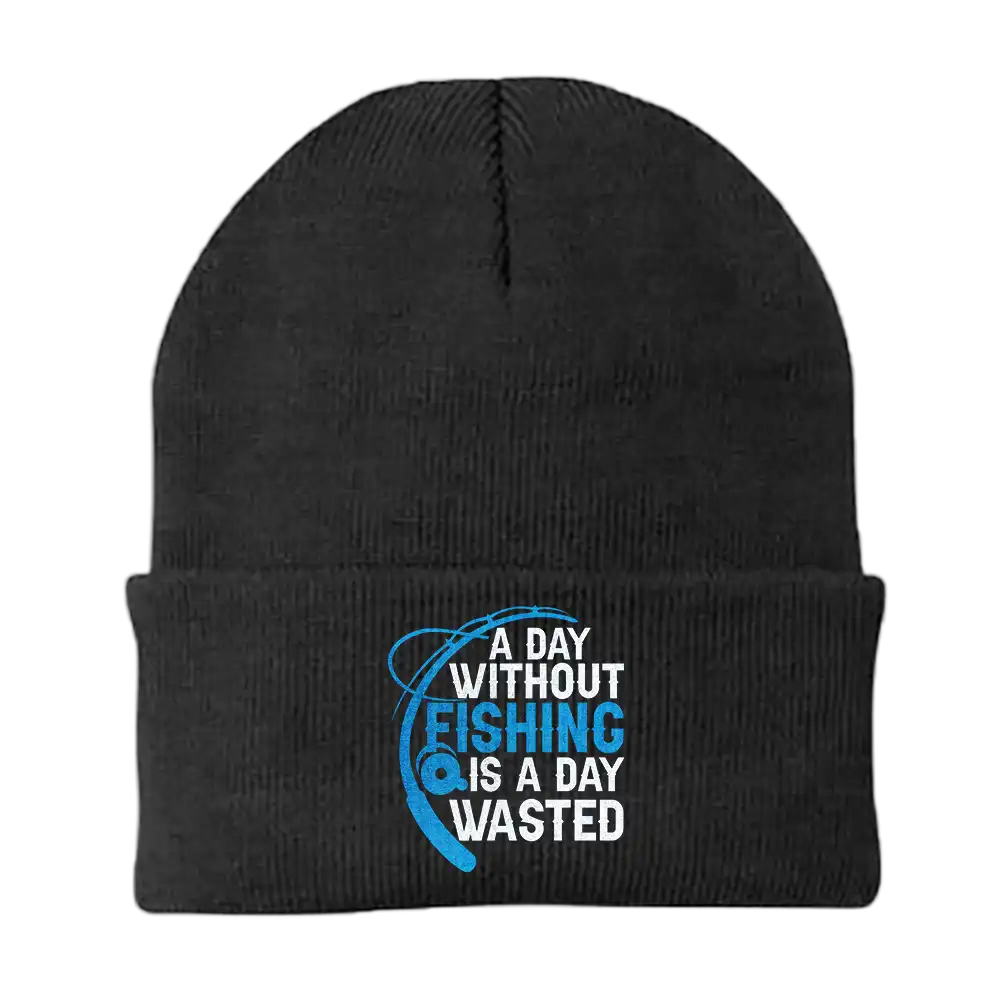 A stylish A Day Without Fishing Embroidered Beanie showcasing a unique fishing-themed design, made from a comfortable cotton-acrylic blend.