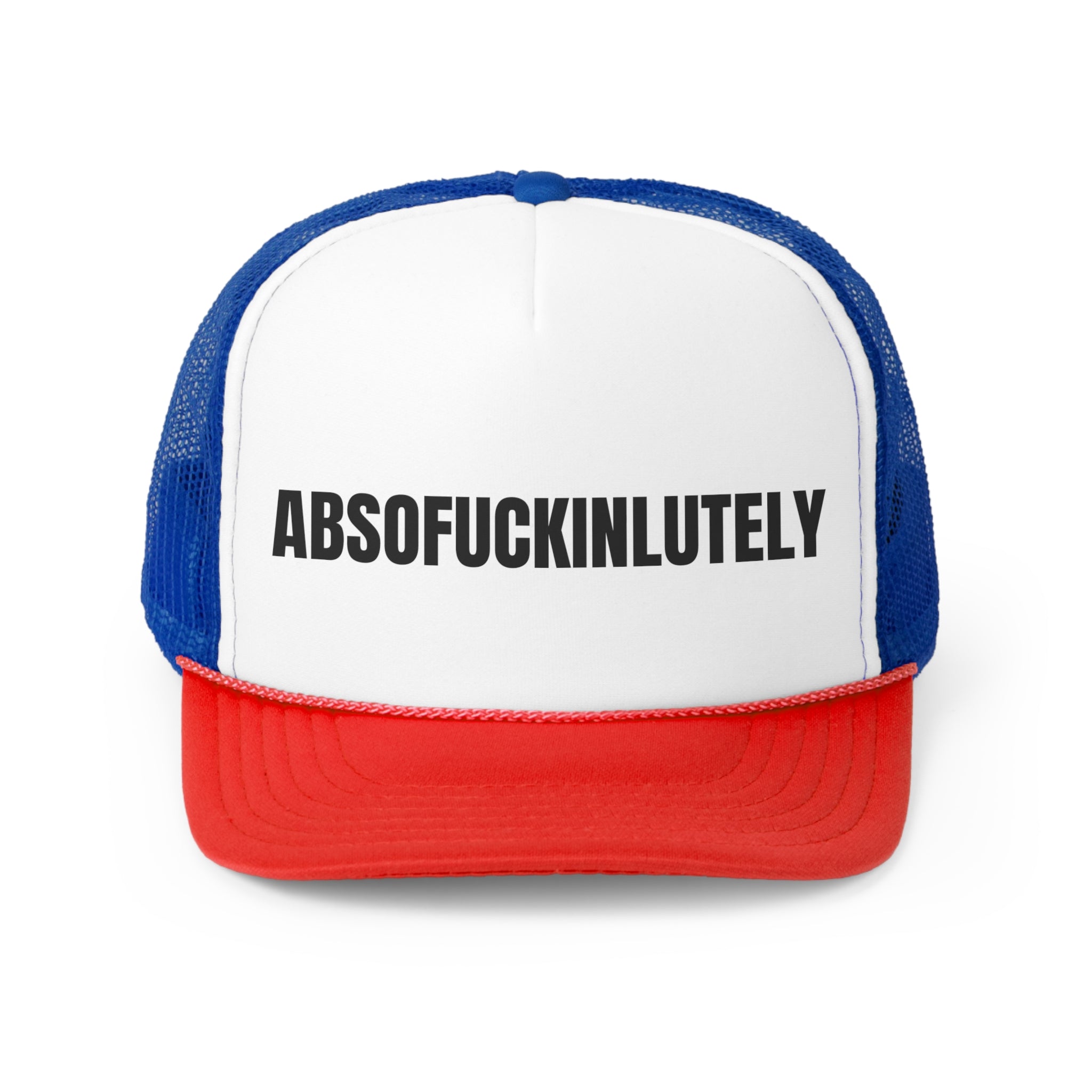 Absofuckinlutley Funny Trucker Hat with humorous text, featuring a polyester front and nylon mesh back for comfort and durability.