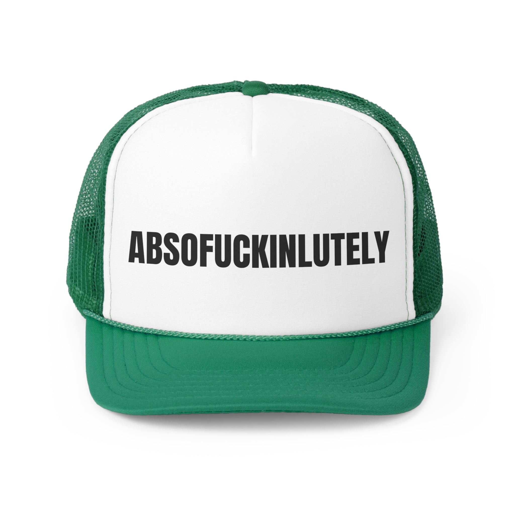 Absofuckinlutley Funny Trucker Hat with humorous text, featuring a polyester front and nylon mesh back for comfort and durability.