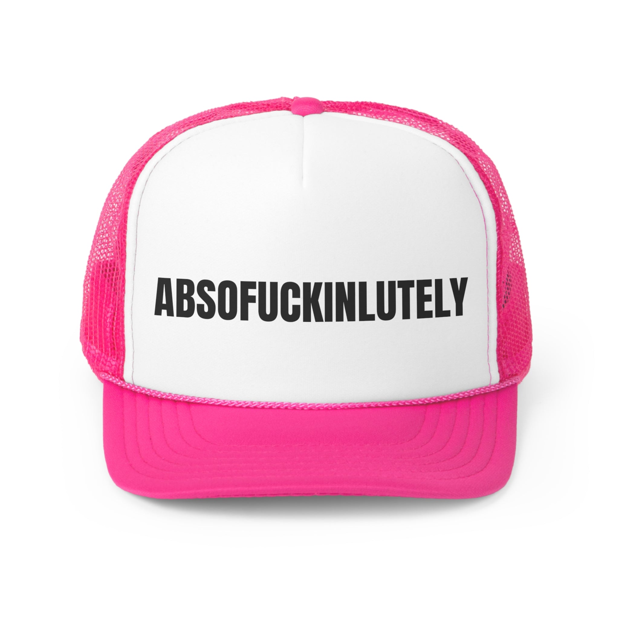 Absofuckinlutley Funny Trucker Hat with humorous text, featuring a polyester front and nylon mesh back for comfort and durability.