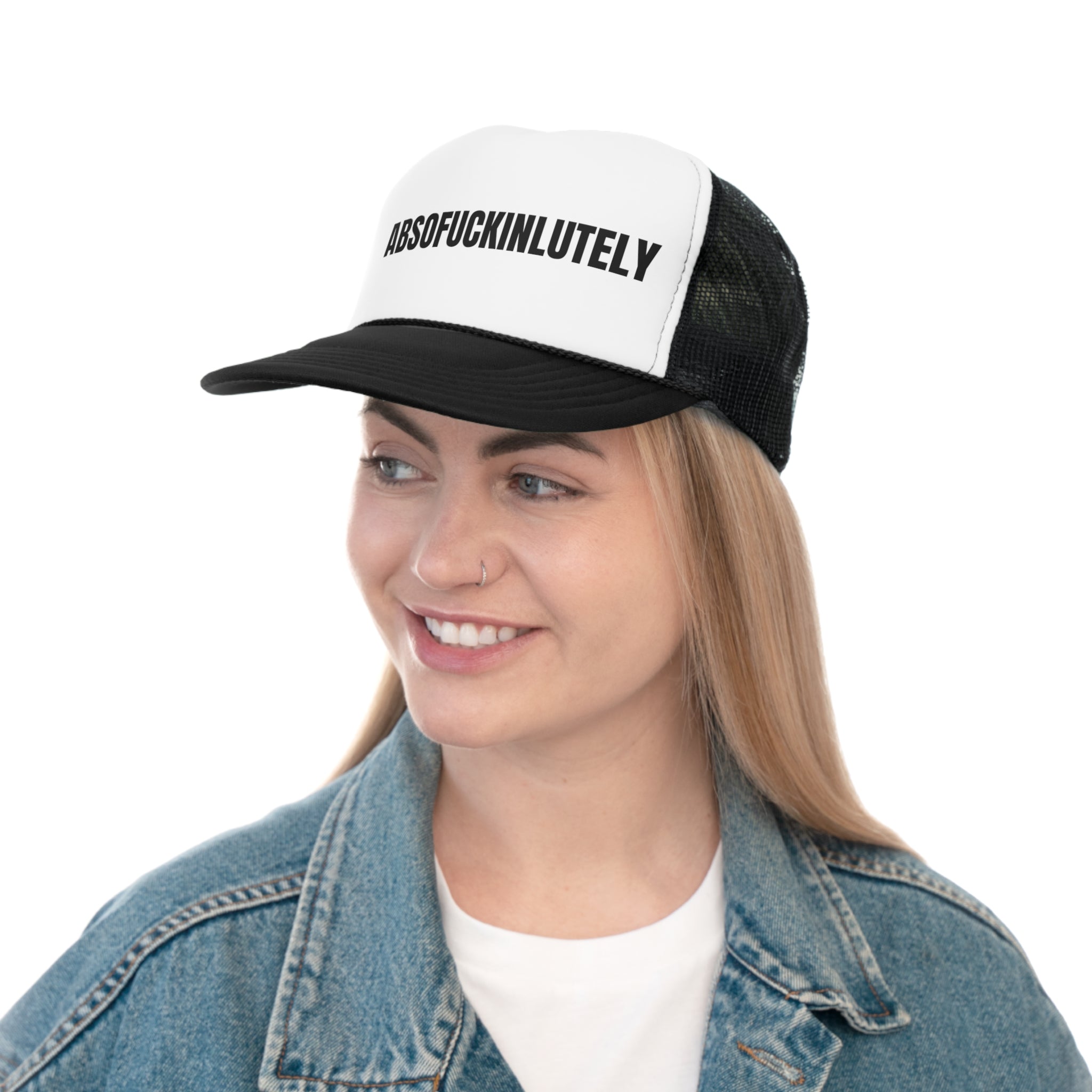 Absofuckinlutley Funny Trucker Hat with humorous text, featuring a polyester front and nylon mesh back for comfort and durability.