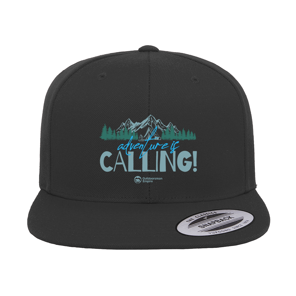 Adventure Camping Printed Flat Bill Cap featuring a structured design and green under visor, perfect for outdoor activities.